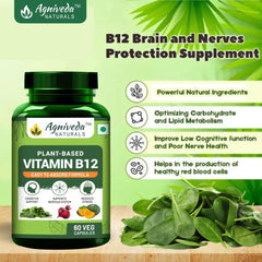 Agniveda Plant Based Vitamin B12 For Men & Women , Natural Formulation For Vegetarians & Vegans To Support Nervous System & Brain Function | 60 Capsules , 100gm 0.2lbs