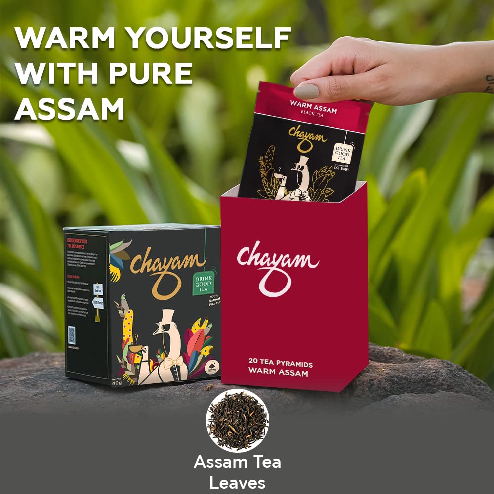 Chayam Warm Assam Tea - 20 Pyramid Tea Bags | Premium Orthodox Whole Leaf Black Tea - Make Iced Or Hot Tea | Low Caffeine, Gluten Free, High Antioxidants