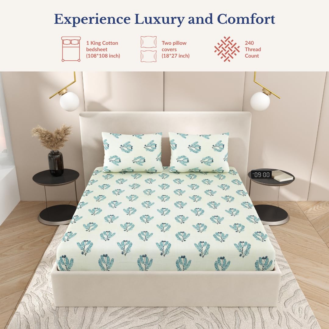 Super King Pure Cotton Bedsheet With 2 Pillow Covers | 108 × 108 Inches, Green | Soft Breathable Floral Design Bedding | Comfortable Sleep All Year