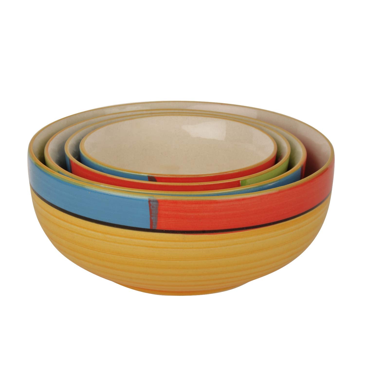 Studio Pottery Hand Painted Dinner Serving Bowl Set Of 4 - 1200ml+650ml+450ml+250ml, Orange, Green & Yellow | Dinner Serving Donga Set - Stackable Kitchen Bowl Set