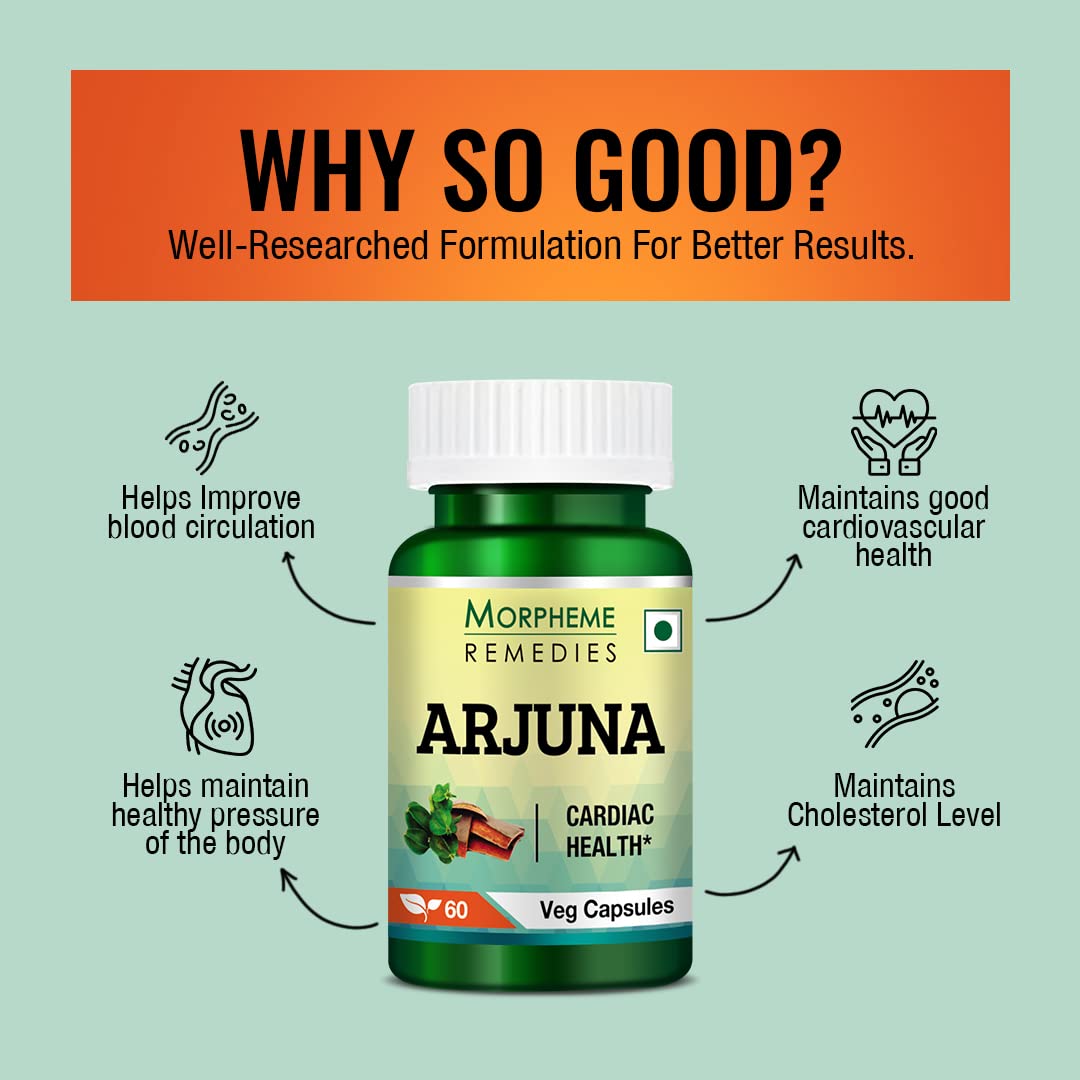 Morpheme Remedies Terminalia Arjuna 500mg Extract, Help Maintain A Healthy Heart & Reduce Stress & Nervousness | 60 Veg Capsules 100gm 0.2lbs