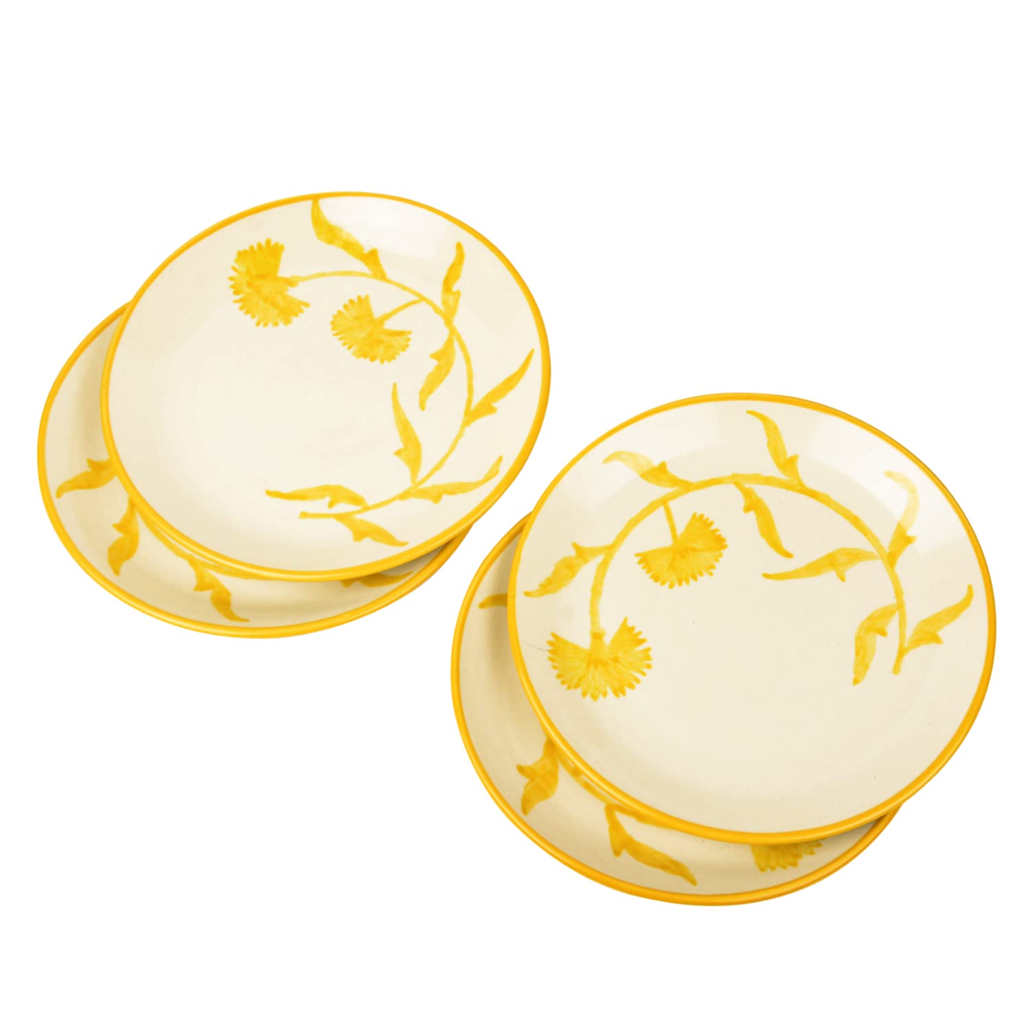 Hand Painted Ceramic Floral Dinner Serving Plates Set Of 4 - Yellow & Off White, Diameter: 10 Inches | Full Plates - The Lucid Yellow Collection