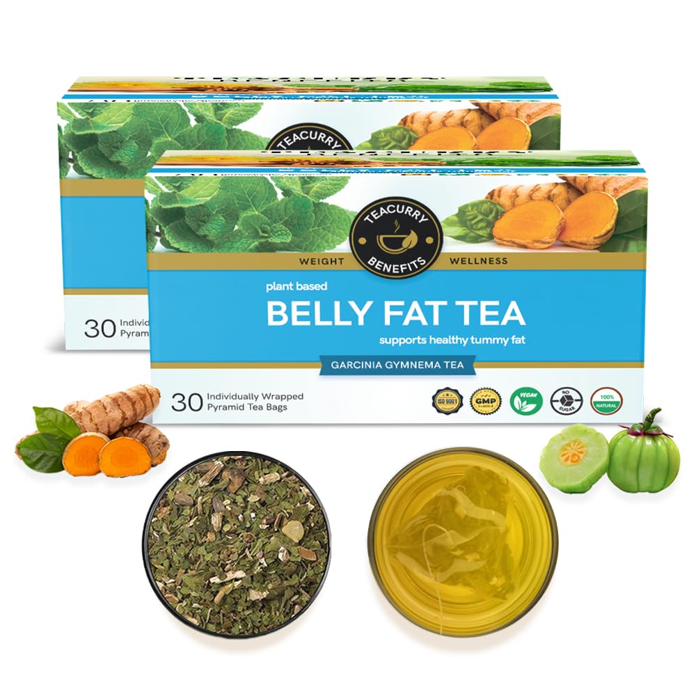 Teacurry Plant Based Belly Fat Tea - Pack Of 2 X 30 Individually Wrapped Tea Bags | Helps With Belly Fat, Water Weight, Bloating - Low Caffeine | Made With Cinnamon, Gymnema Sylvestre, Turmeric