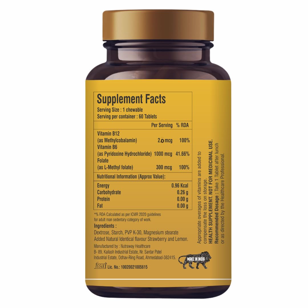 Eur Health Natural Vitamin B12 Chewable Tablet (Methyl Cobalamin) + Folate (Methyl Folate) + Vitamin B6 | 60 Tablets , 100gm 0.2lbs