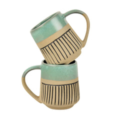 Handcrafted Dual Finish Ceramic Striped Coffee Mugs Set Of 2 - 325ml Each, Turquoise | Milk Mugs - Tea Cups & Mugs