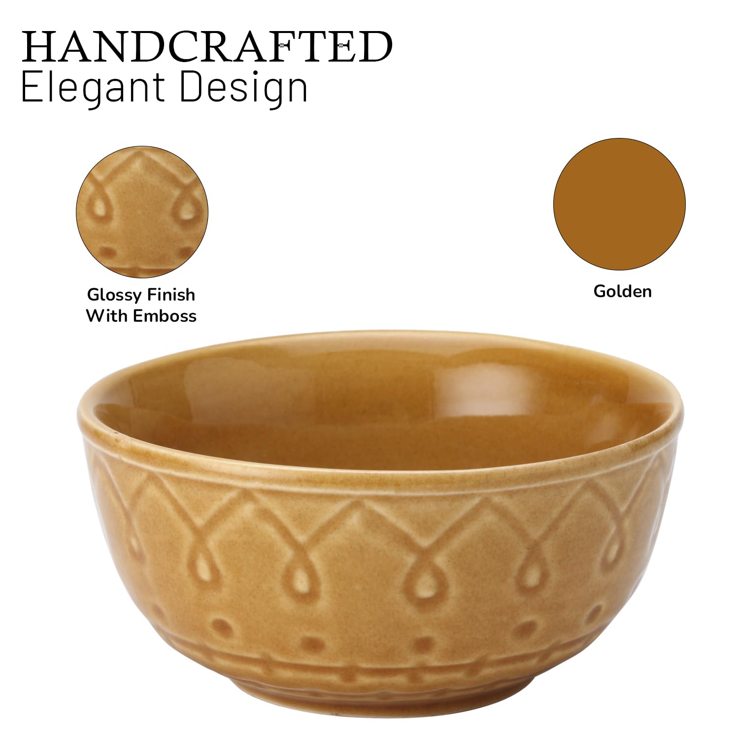 Ceramic Hand Glazed Stoneware Embossed Dinner Katori Set Of 4 - 180ml Each, Golden Brown | Microwave Safe & Dishwasher Safe - Small Serving Bowl Set