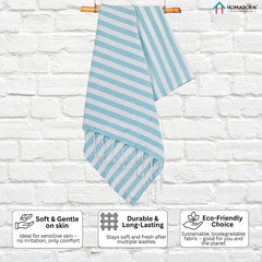 Homadorn 100% Cotton Striped Fouta Bath Towels 1400 Gsm | Soft Quick Dry & Absorbent Hand-Knotted Tassels | Turkish Hamam Towel (Aqua- White)- Pack Of 4