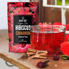 Blue Tea Caffeine Free Hibiscus Cinnamon Herbal Tea - 60 Pyramid Tea Bags | Skin Glow Enhancing Tea - Gluten Free, Non GMO | Plant Based Tangy Flavor - Zip Lock Pouch