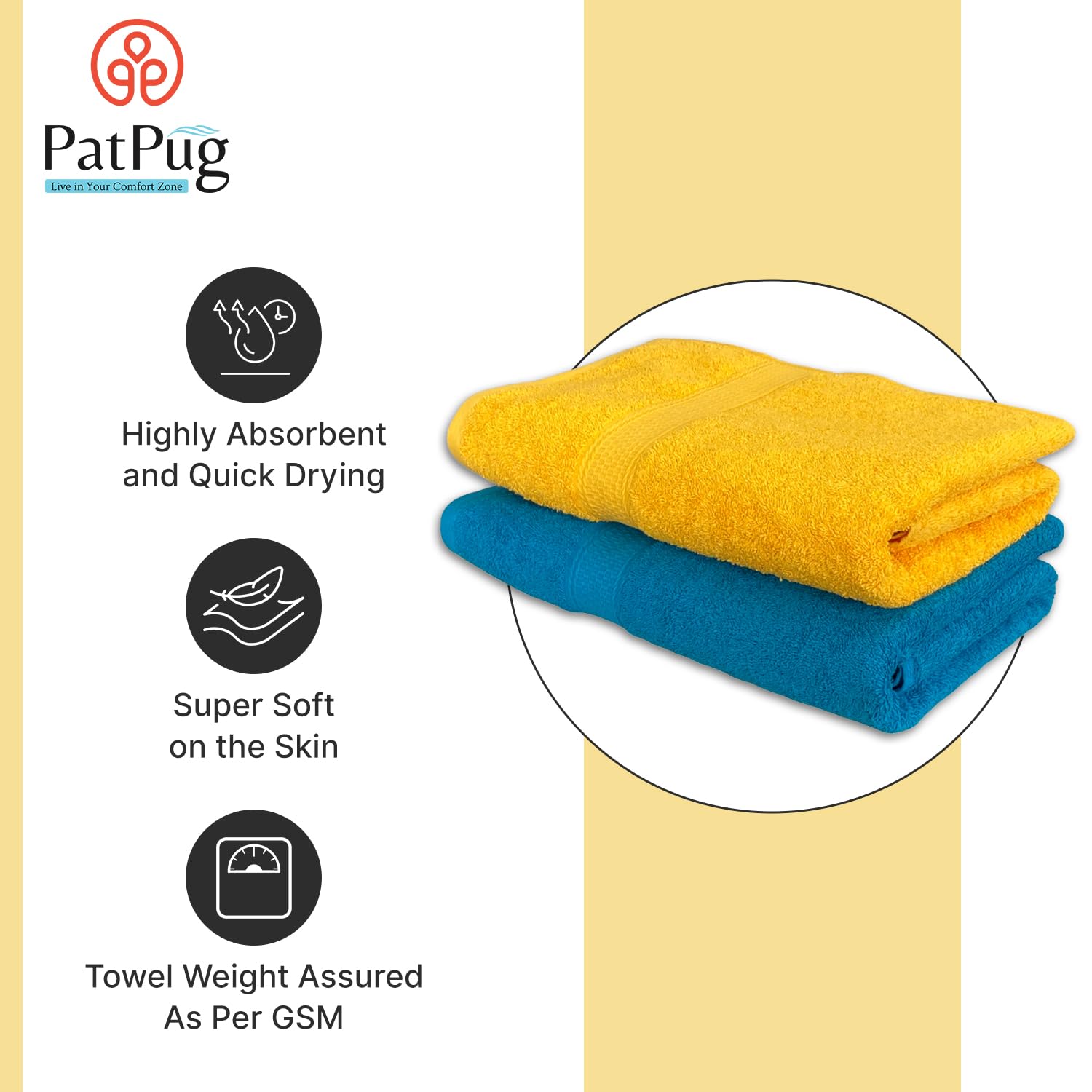Patpug 100% Indian Ultra Soft Cotton 500 Gsm Highly Absorbent, Fade Resistant, Quick Drying Large Bath Towel (Turquoise Blue & Sunrise Yellow)