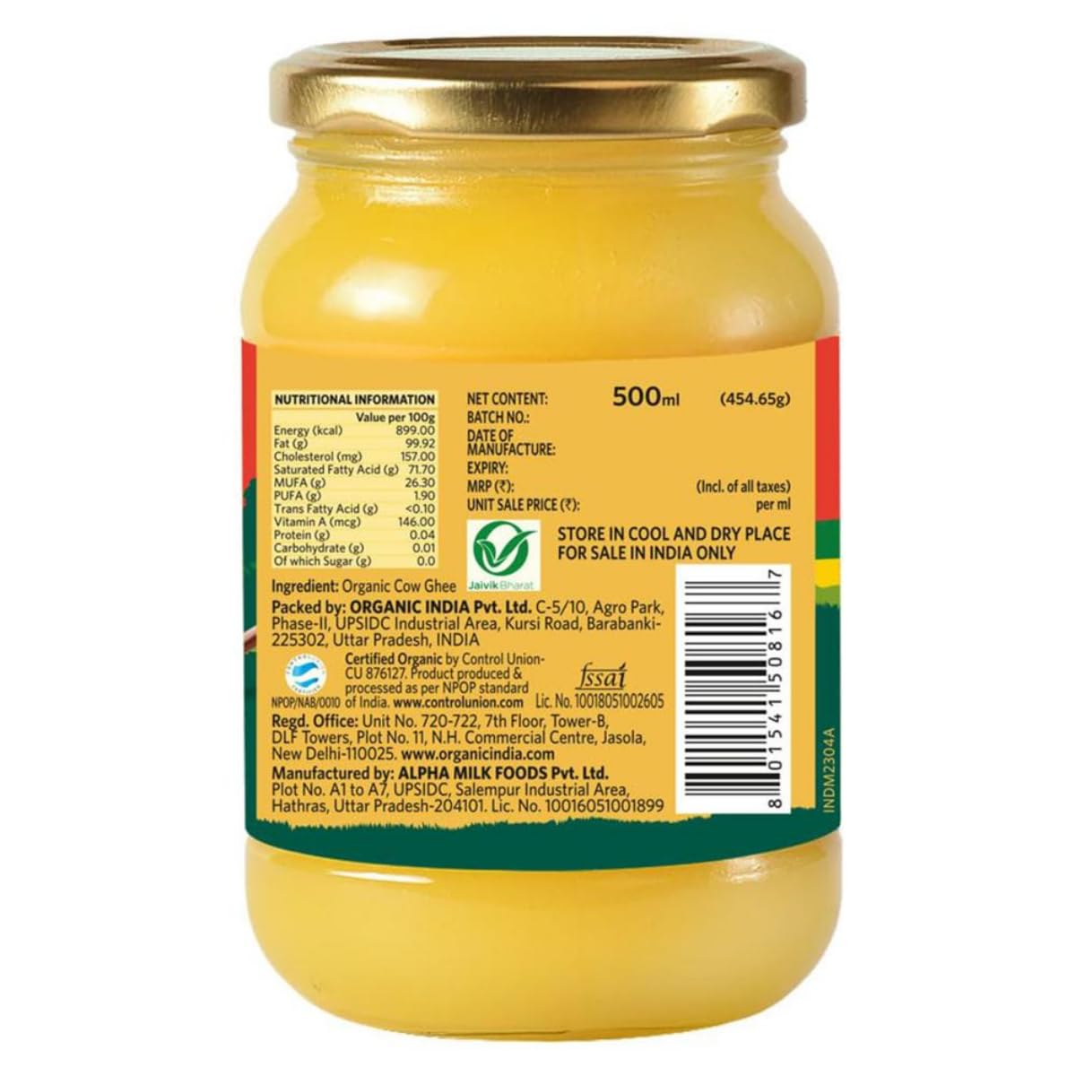 100% Pure Cow Ghee By Organic India | Rich In Healthy Fat Nutrients Desi Cow Ghee Good For Laddoos & Halwa | (500ml) 16.9 Ounce | Jar Pack