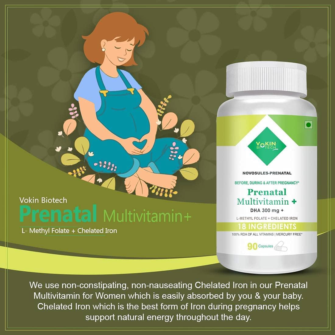 Vokin Biotech Prenatal Multivitamin For Pregnancy With Dha 300mg Multivitamin For Women | 90 Capsules , 150gm 0.3lbs