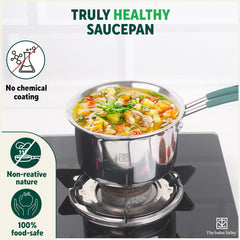 Triply Stainless Steel Sauce Pan Or Milk Pan With Steel Lid For 3-4 People | Medium, 19cm, 7.5 Inch, 2 Liters, 1.3 Kg - Induction Friendly, Nonstick 3-Layer Body, 100% Pure & Toxin-Free