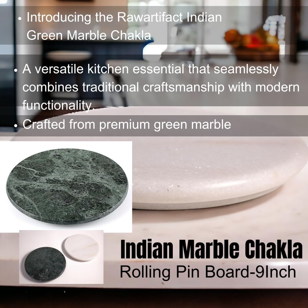 Green + White Marble Chakla 9 Inch | Rolling Pin Board - Roti Maker - Phulka Maker | Chapati Maker For Home & Kitchen - Full Finished Marble Roti Maker Kitchen Utensil