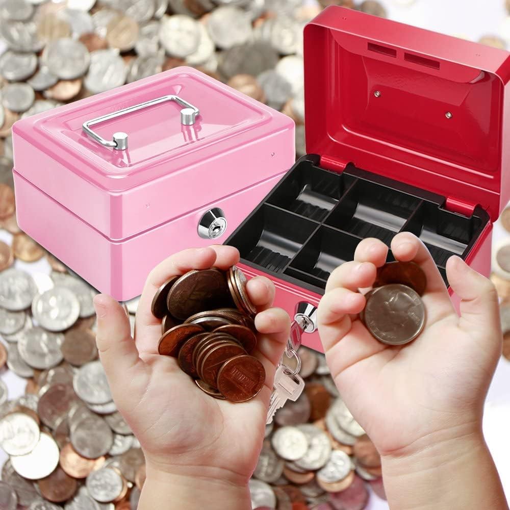 Portable Locking Small Cash Box For Money, Pocket Money Box With Key Lock, Money Slot, Double Layer 2 Keys For Security, Durable Cash Box With Tray, Colour - Red, Material - Alloy Steel