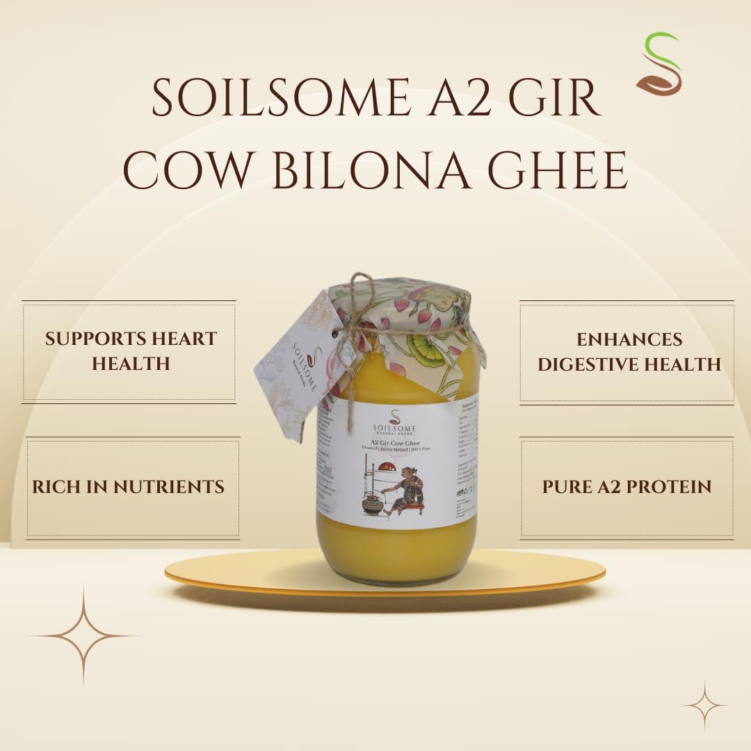 100% Pure A2 Gir Cow Ghee By Soilsome | Delicious & Nutrients Protein Fiber Vedic Bilona Method Healthy Desi Ghee Good For Bones Health | (1 Litre) 33.8 Ounce | Jar Pack