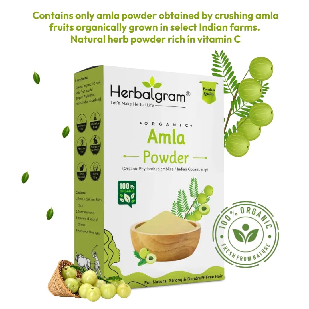 Herbalgram Organic Amla Powder Hair Growth Skin Care Scalp Treatment, 100% Natural, No Preservatives | 100gm 0.2lbs