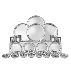 Stainless Steel Shagun Solid Dinner Set Of 24 Pcs, Silver | 4 Dinner Plates+ 4 Side Plates+ 4 Glasses+ 4 Dinner Spoon+ 4 Bidding Bowl+ 4 Pudding Bowl