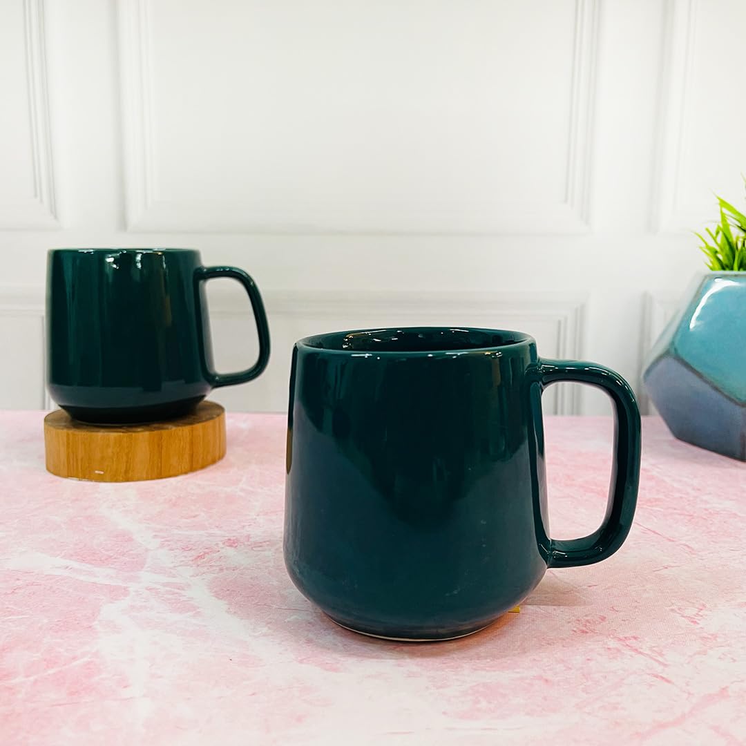 Retro Green Ceramic Coffee Mug Set Of 2 Pieces - 330ml Each | Ceramic Mugs For Coffee, Tea, Milk - Microwave Safe & Leak Proof