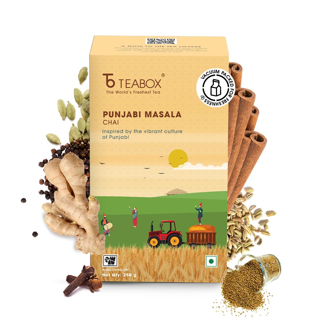 Teabox Punjabi Masala Chai Tea - 250gm, 8.8 Ounce | Blended With Fennel, Black Pepper, Cardamom, Cinnamon, Clove, & Ginger - Inspired By The Vibrant Culture Of Punjab | Medium Caffeine