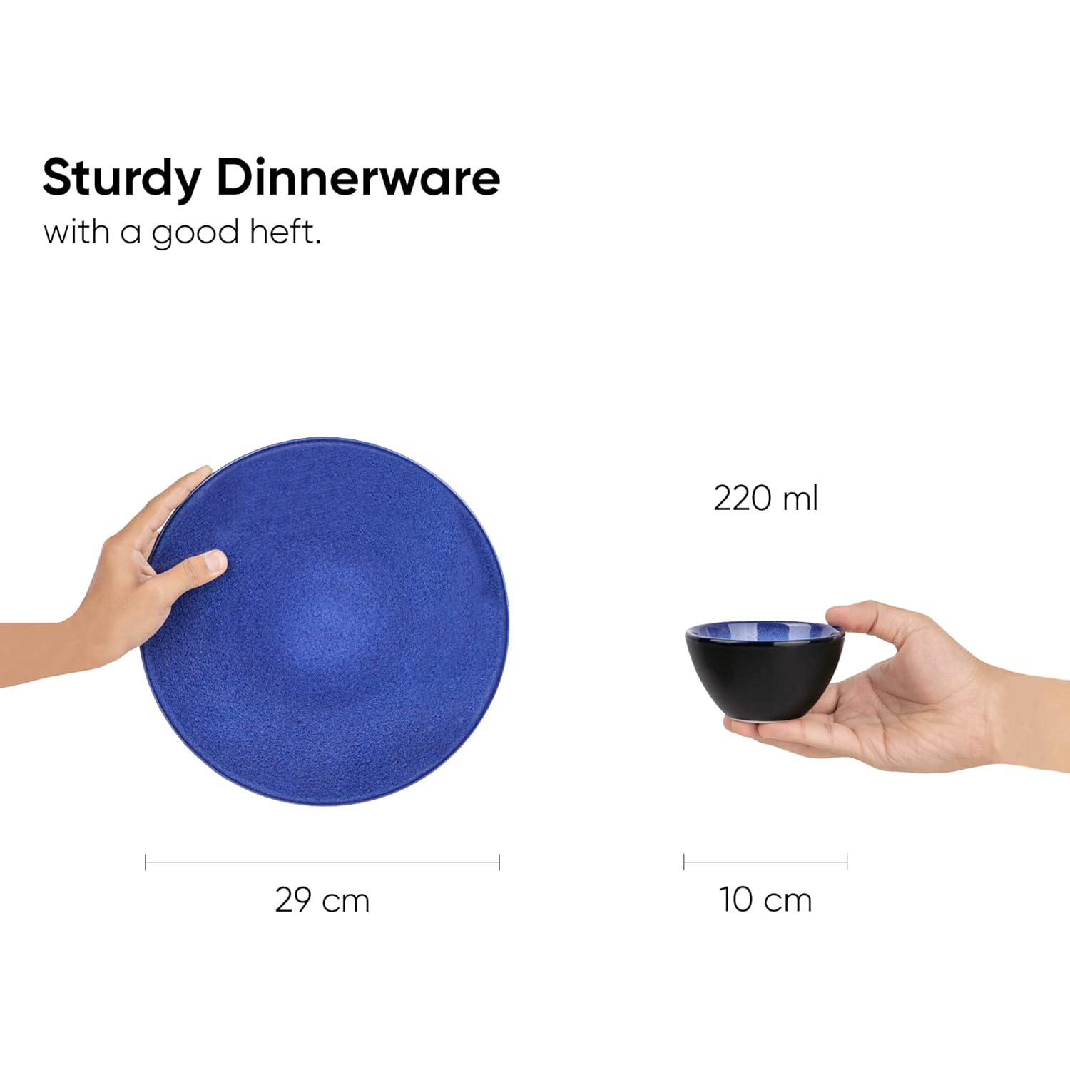 Ceramic Dinner Set Of 12 Pcs, Blue Reactive | Crockery Set For Dining Table - Dining Sets Crockery Items | Glossy Finish - 6 Dinner Plates+ 6 Veg Bowls, 220ml Each