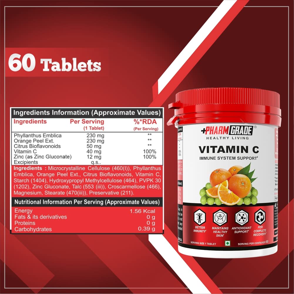 Pharmgrade Healthy Living Vitamin C , Natural Fruits Immunity Supplement For Men & Women , Antioxidants Skincare , Immunity Booster, Orange Peel, Vegan & Keto Friendly | 60 Tablets , 100gm 0.2lbs