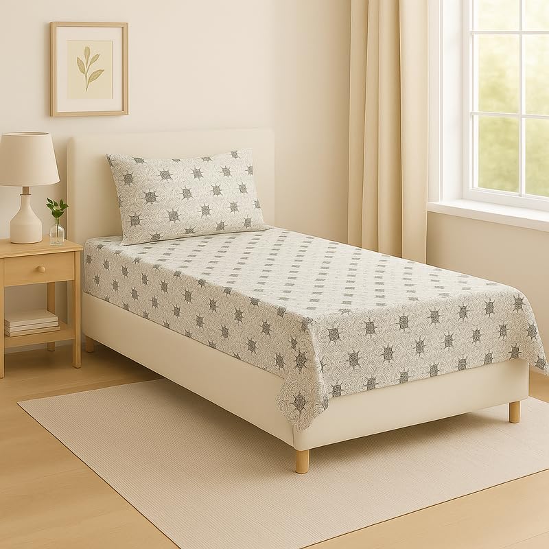 Bedsheet For Single Bed With 1 Pillow Cover - Size 90 X 60 Inches, White Grey | Soft Touch Cotton Fabric-Comfortable & Durable | Elegant Printed Bedding Set For Daily Use