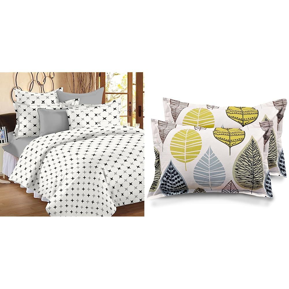 King Size Bedsheet With 2 Pillow Cover + Pillowcase Set (2 Pcs) | 110 X 108 Inches, White & Grey | Breathable & Wrinkle Free Bedsheet