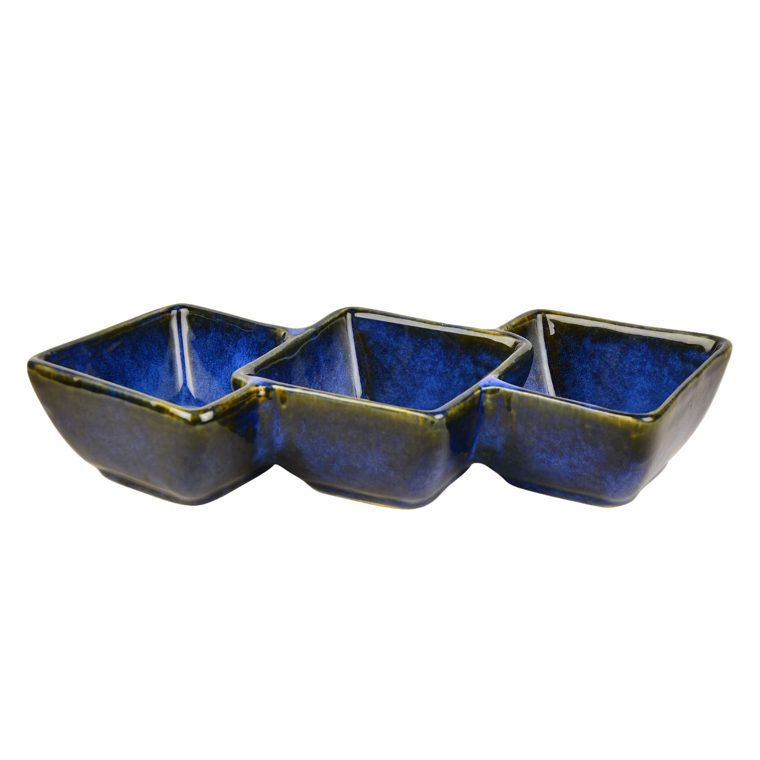 Studio Pottery Three Section Ceramic Serving Bowl | Blue, Length – 30 Cm, Height – 5.5 Cm, 750ml | Snack Bowl, Nut Bowls - Section Platter