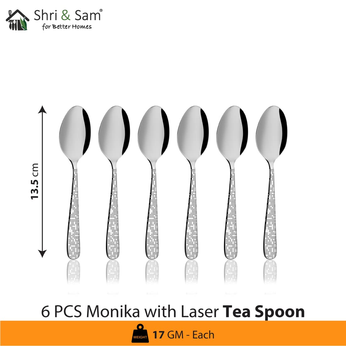 Stainless Steel Monika With Laser Tea Spoon Set Of 6 Pieces, Silver | Easy To Clean & Dishwasher Safe