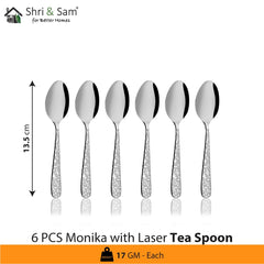 Stainless Steel Monika With Laser Tea Spoon Set Of 6 Pieces, Silver | Easy To Clean & Dishwasher Safe