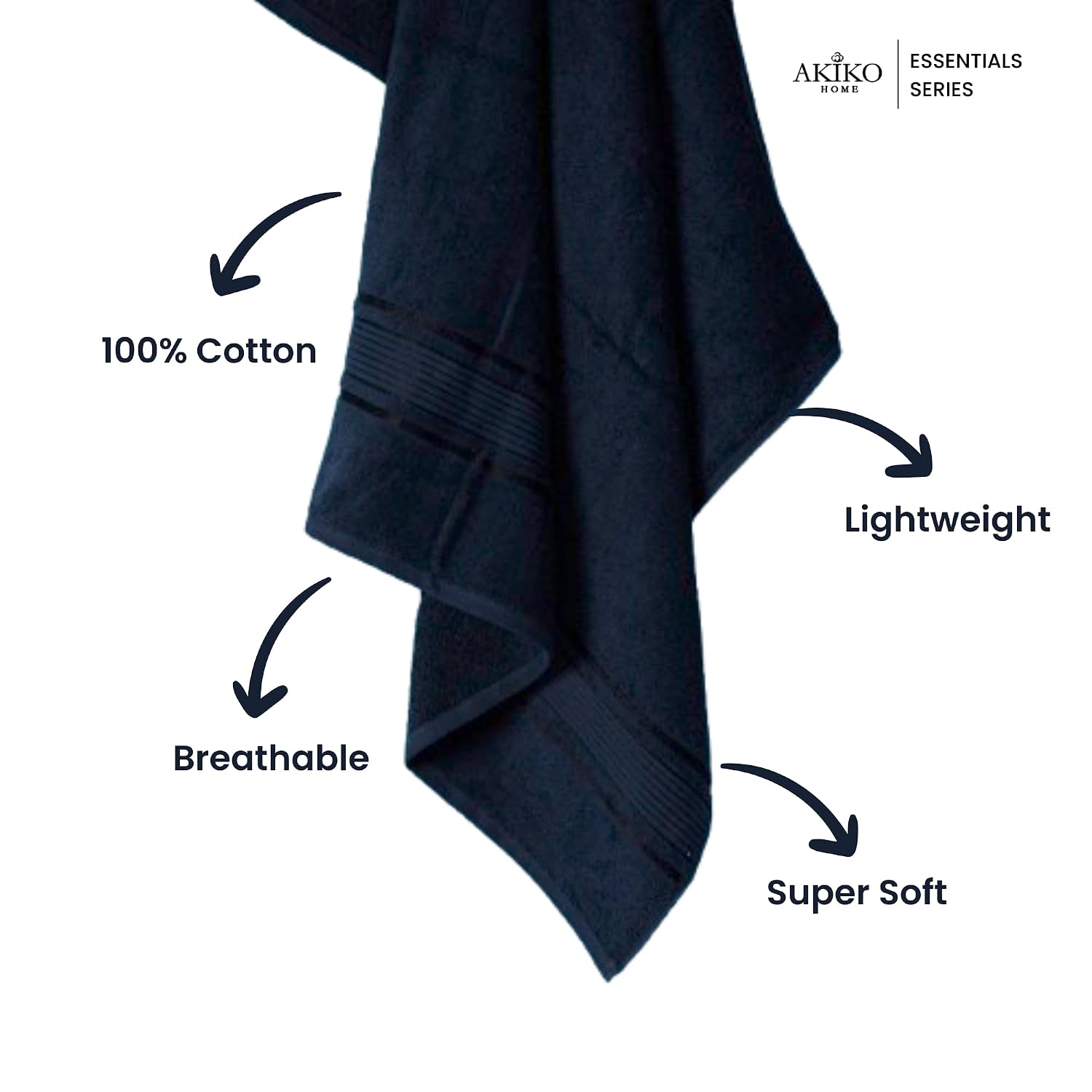 Akiko Home 100% Cotton Essential Series Bath Towel 400 Gsm | Soft, Absorbent, Quick Dry & Durable, Large Size Towel Pack Of 2 (Navy)