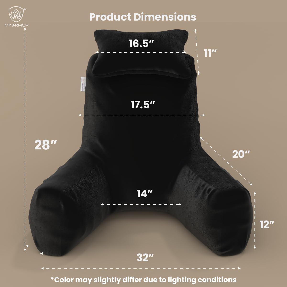 Backrest Pillow For Bed With Detachable Neck Rest & Support Arms - Black | Soft Reading Pillow, Back Support Wedge Pillow For Working, Seating & Relaxing In Bed, Adjustable Pillow