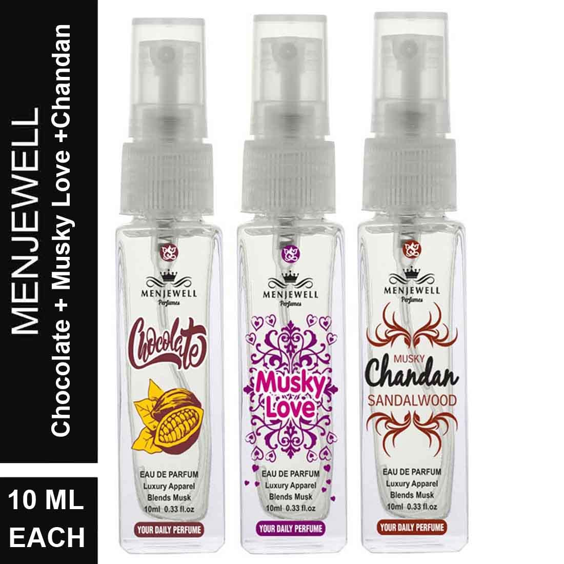 Menjewell Chocolate+ Musky Love+ Musky Chandan Sandalwood Eau De Parfum Pack Of 3x 0.3 Fl.oz. | Pocket Perfume Combo For Women | Daily Wear