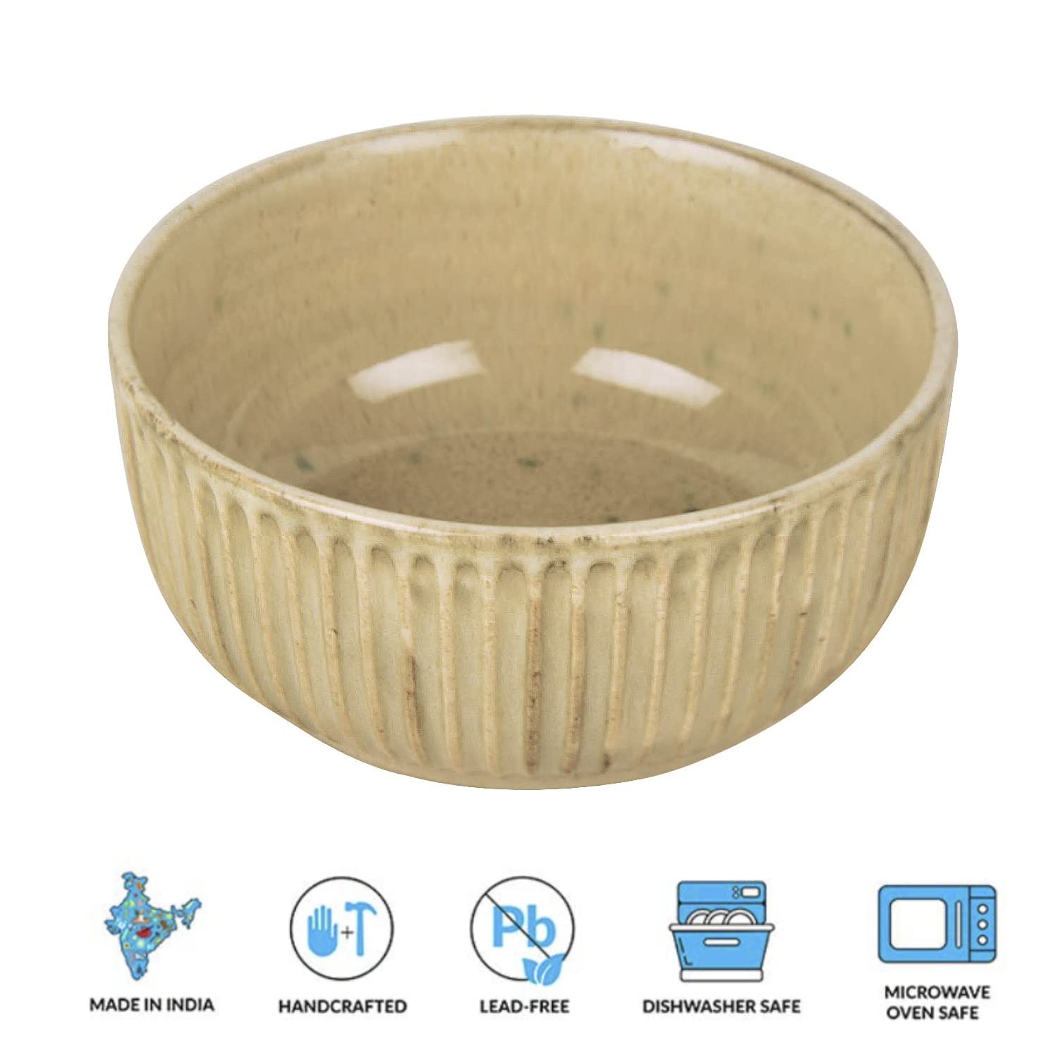 Studio Pottery Ribbed Ceramic Serving Bowl - Ivory, Diameter : 7 Inches, 1500ml | Rice & Salad Bowl, Snack Bowl - Vegetable & Pasta Serving Bowl