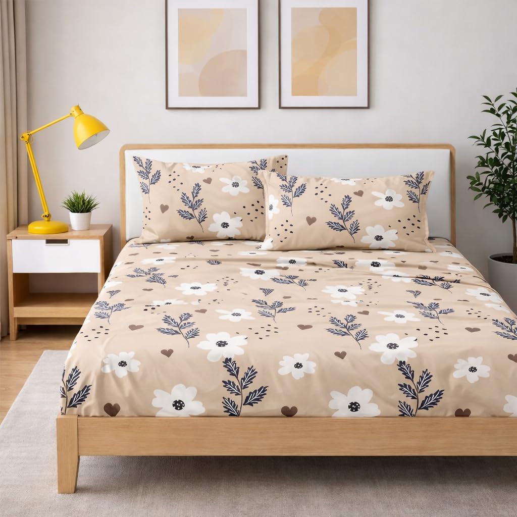 Elastic Fitted Bedsheet Queen Size With 2 Pillow Covers - 60 X 78 Inches, Cream | Lightweight, Soft & Comfortable | Durable & Long Lasting Wrinkle Resistant Fabric