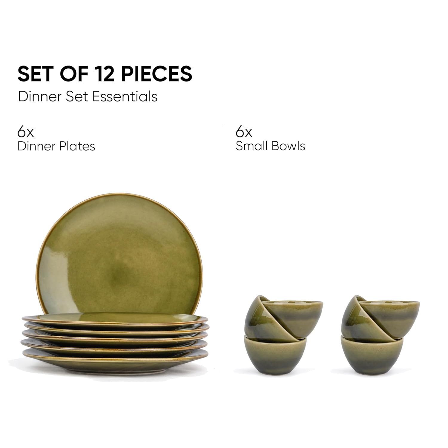 Ceramic Dinner Set Of 12 Pcs, Mehndi Ombre | Crockery Set For Dining Table - Dining Sets Crockery Items | Glossy Finish - 6 Dinner Plates+ 6 Veg Bowls, 220ml Each