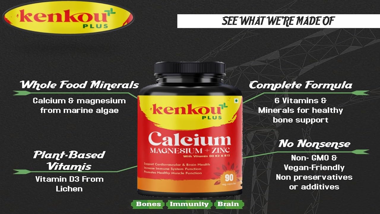 Kenkou Plus Calcium Magnesium Zinc With Vitamin D3 K2 & B12 | 90 Veg Capsule , 150gm 0.3lbs