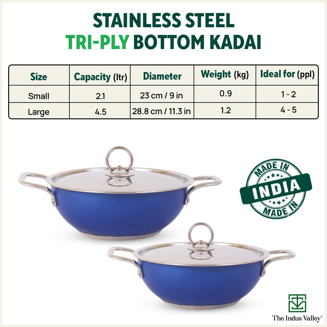 Coloured Stainless Steel Kadai With Steel Lid - Blue, Large, 28.8cm, 11.3 Inch, 4.5 Liters, 1.2 Kg | Induction Friendly, Nonstick 3-Layer Bottom, 100% Toxin-Free, No Chemical Coating