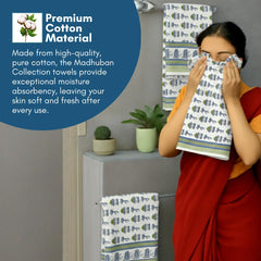 Mafatlal Madhuban Premium Waffle Cotton 1 Bath & 2 Hand Towel 700 Gsm | Hand Printed Quick Dry, Soft & Absorbent Towel (Faience) - 3 Pcs