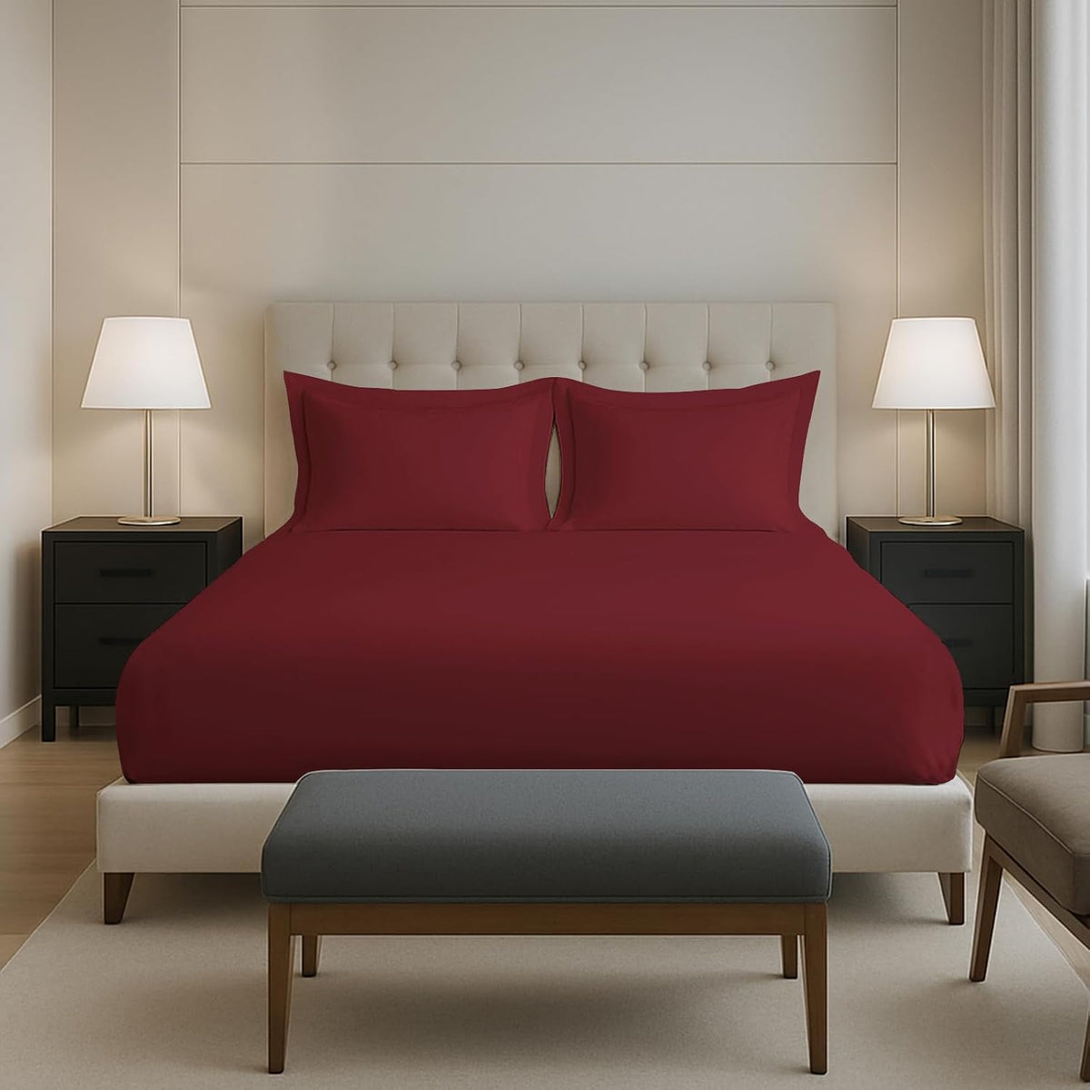 Plain Cotton Elastic Fitted Bedsheets Queen Size Two Pillow Cover - 63 X 78 Inches, Maroon | Breathable & Smooth Bedding Wrinkles | Elegant Hotel Like Look