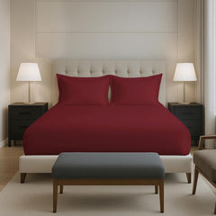 Plain Cotton Elastic Fitted Bedsheets Queen Size Two Pillow Cover - 63 X 78 Inches, Maroon | Breathable & Smooth Bedding Wrinkles | Elegant Hotel Like Look