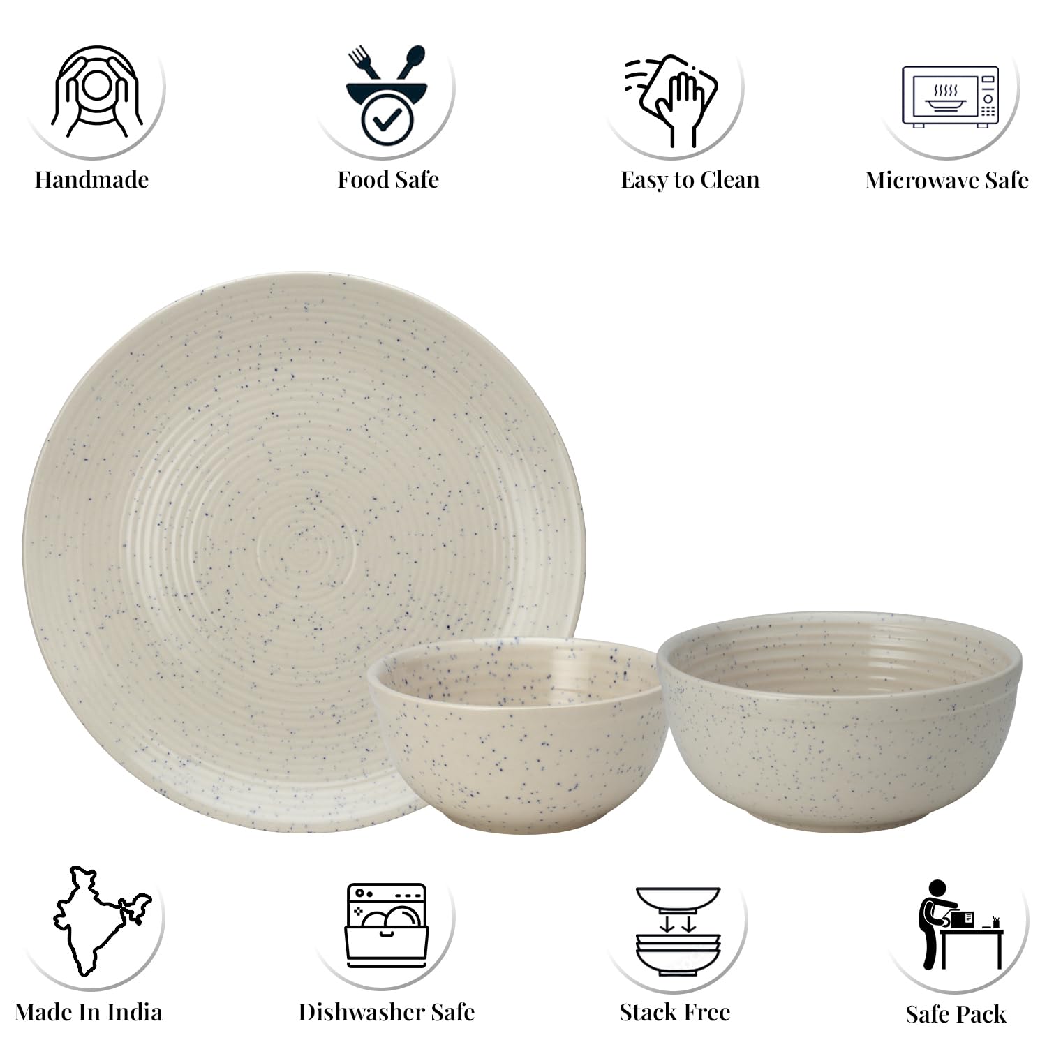 Handcrafted Ceramic Stoneware Dinner Set Of 20 Pcs With Serving Bowl Set - Ivory White | 6 Dinner Plates, 10.6 Inch Each + 12 Salad Bowl, 180ml Each+ 2 Serving Bowl, 1000ml Each | Serving For 6