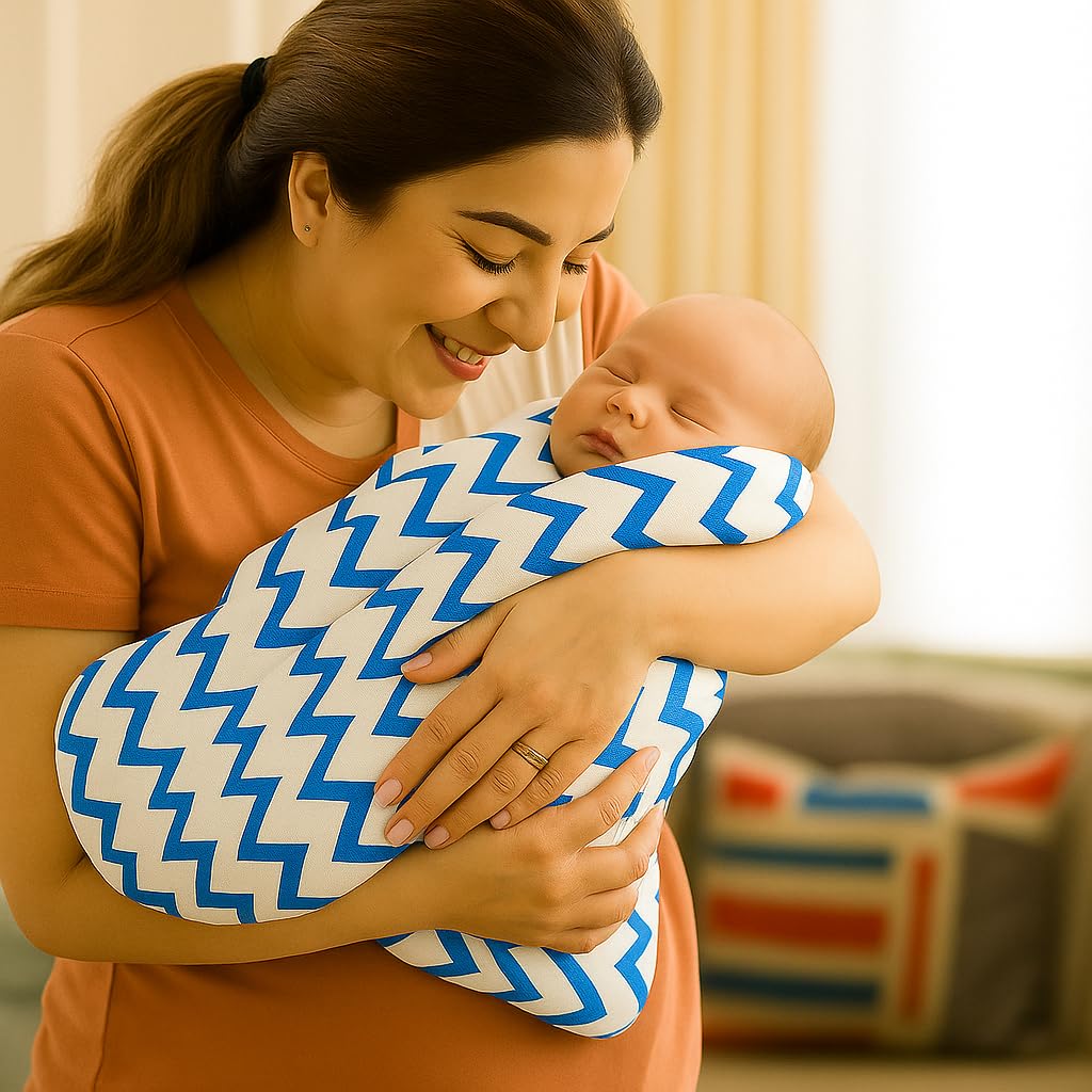 Organic Cotton Muslin Baby Bath Towel 200 Gsm | Cotton Cloth Premium Baby Washable Reusable, Absorbent, Extra Soft (Grey Dot & Blue Zig Zag)- Pack Of 2