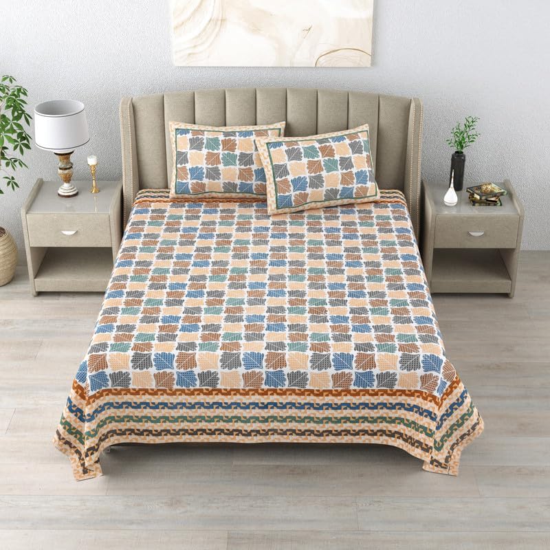 Cotton King Size Bedsheet With 2 Matching Pillow Covers - 90 X 108 Inches, Multicolor | Designer Printed Bedsheet Set - Naturally Soft, Breathable, & Skin-Friendly
