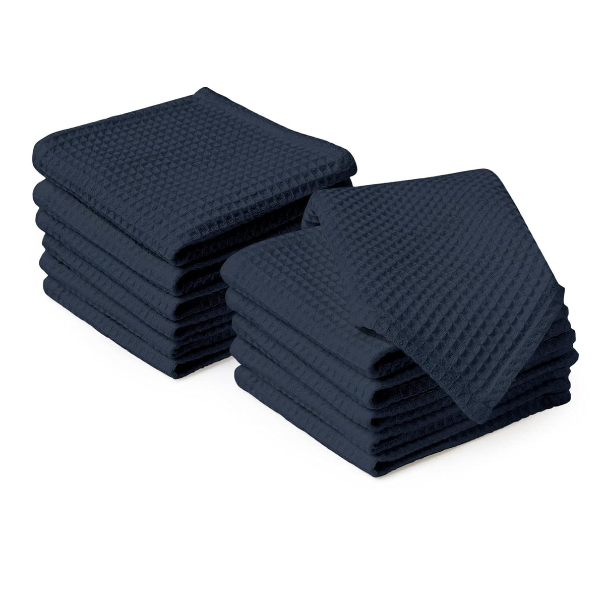 Encasa Xo Kitchen Dish Towels Set 380 Gsm | Waffle Weave & Flat Hand Tea Towel | Quick Drying Reusable Cotton Washcloths | Set Of 12 (Navy Blue)