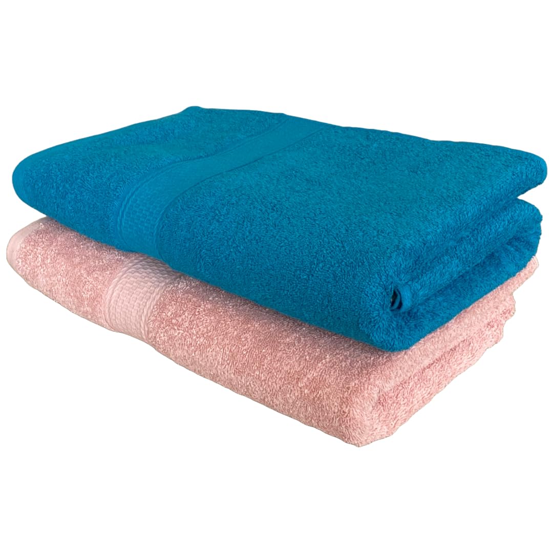 Patpug 100% Indian Ultra Soft Cotton 500 Gsm Highly Absorbent, Fade Resistant, Quick Drying Large Bath Towel (Turquoise Blue & Baby Pink)