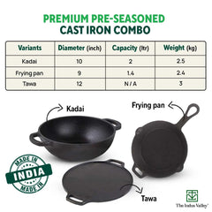 Pre-Seasoned Cast Iron Cookware Set - Tawa 30 Cm + Kadai 25.4 Cm, 2.3 Liters + Fry Pan 23 Cm, 1.4 Liters | Kitchen Cooking Combo Pots & Pans Set Of 3 Pcs - Naturally Nonstick