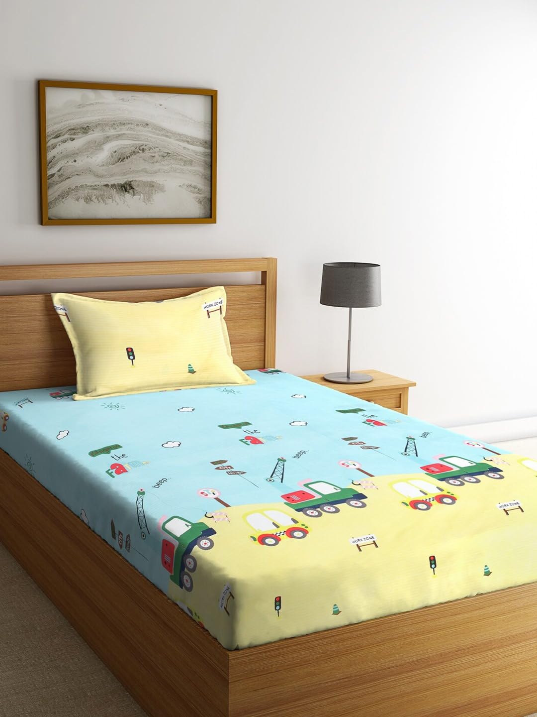 Cartoon Printed Single Bedsheet For Kids With One Pillow Cover - 60 X 90 Inches, Yellow & Sky Blue | 300 Thread Count - Wrinkle Free Soft Perfect For Everyday Use