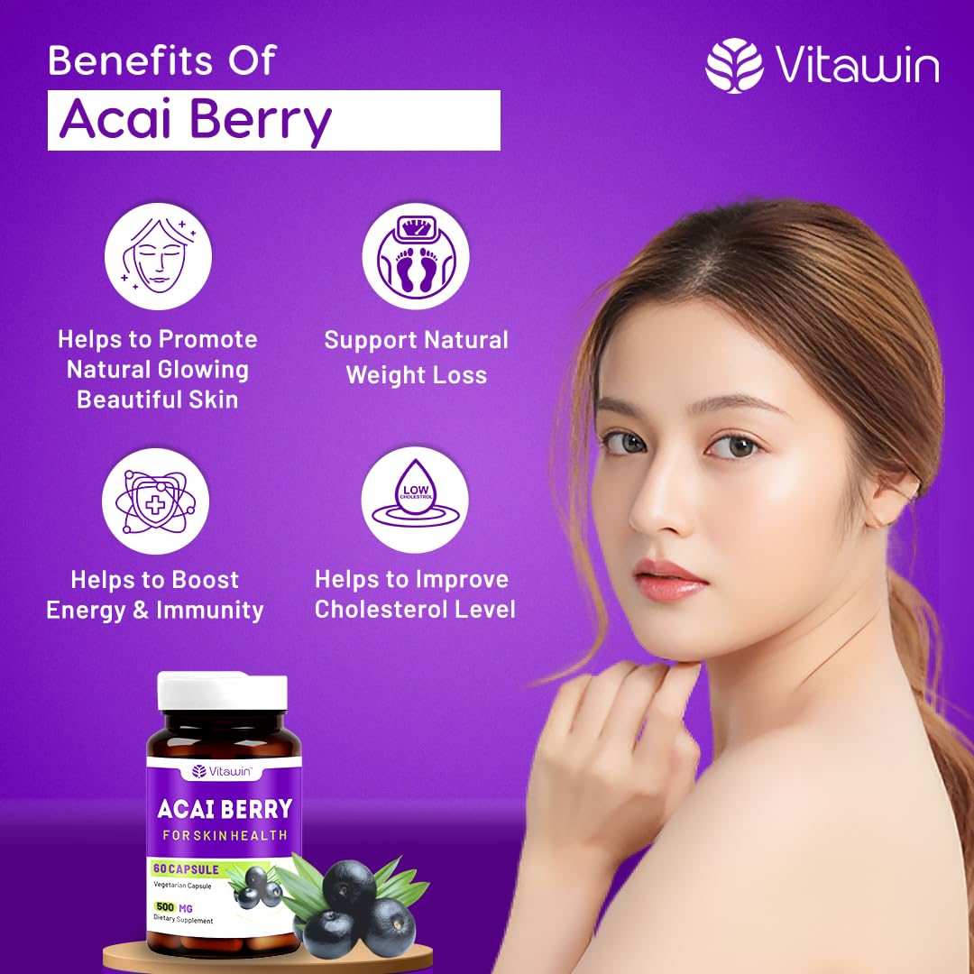 Vitawin Acai Berry For Healthy Skin & Antioxidants Supports, Ultimate Health & Nutrition Supplements, 500mg | Veg 60 Capsules 100gm 0.2lbs