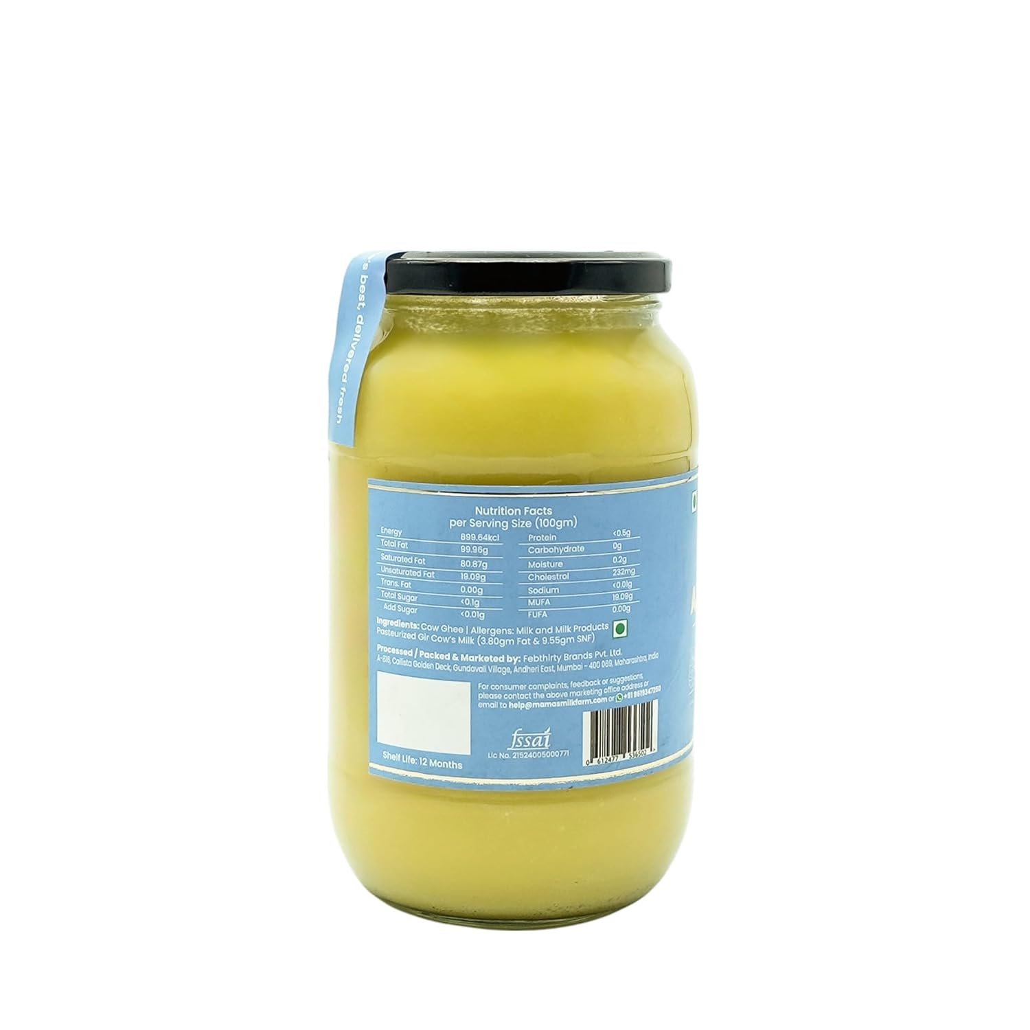 Pure Premium A2 Gir Cow Ghee By Mama'S Milk Farm | High In Protein Fiber Healthy Desi Ghee Good For Flavour To Every Dish | (1 Litr) 33.8 Ounce | Jar Pack